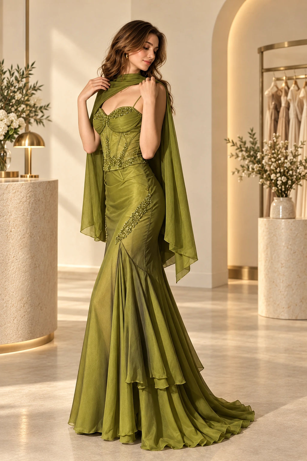 Elegant Beaded Chiffon Mermaid Sweetheart Spaghetti Strap Draped Back Floor Length Evening Dress