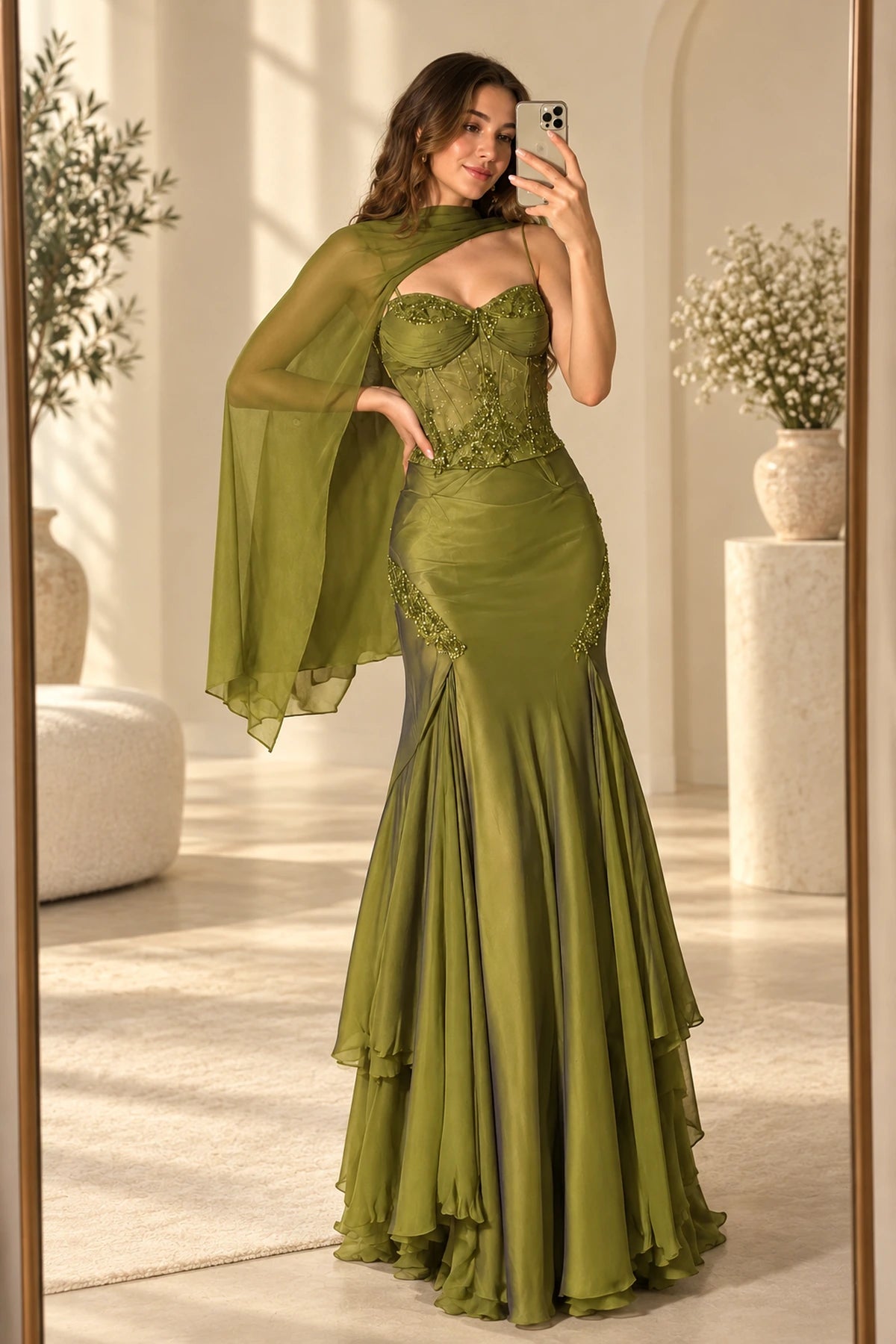 Elegant Beaded Chiffon Mermaid Sweetheart Spaghetti Strap Draped Back Floor Length Evening Dress