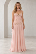 Blush pink beaded chiffon A-line wedding guest dress with V neckline, spaghetti straps, floral lace bodice, draped scarf detail and floor length skirt by Graceprom