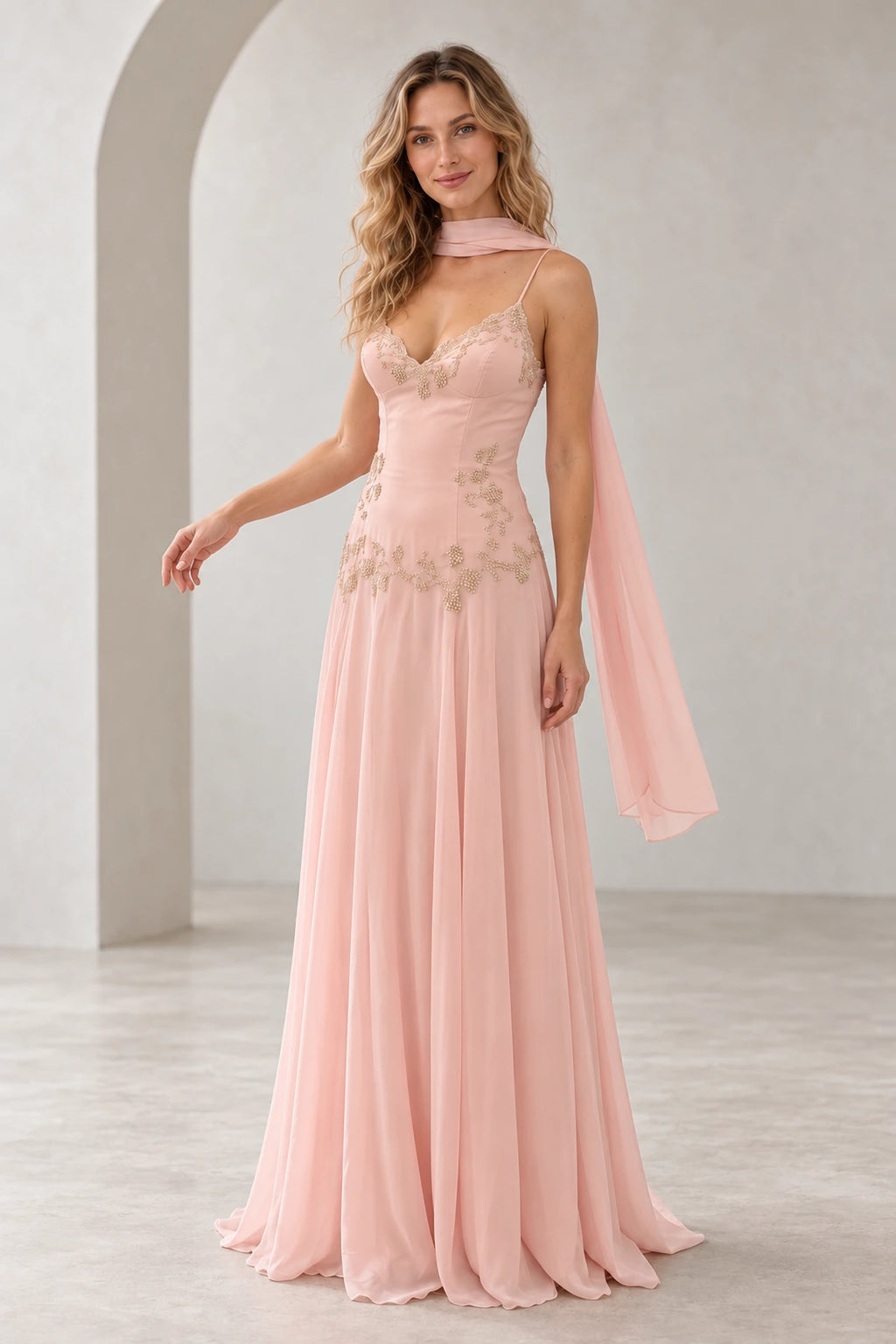 Romantic Beaded Chiffon A-Line V Neck Spaghetti Strap Low Back Floor Length Wedding Guest Dress