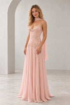 Romantic Beaded Chiffon A-Line V Neck Spaghetti Strap Low Back Floor Length Wedding Guest Dress