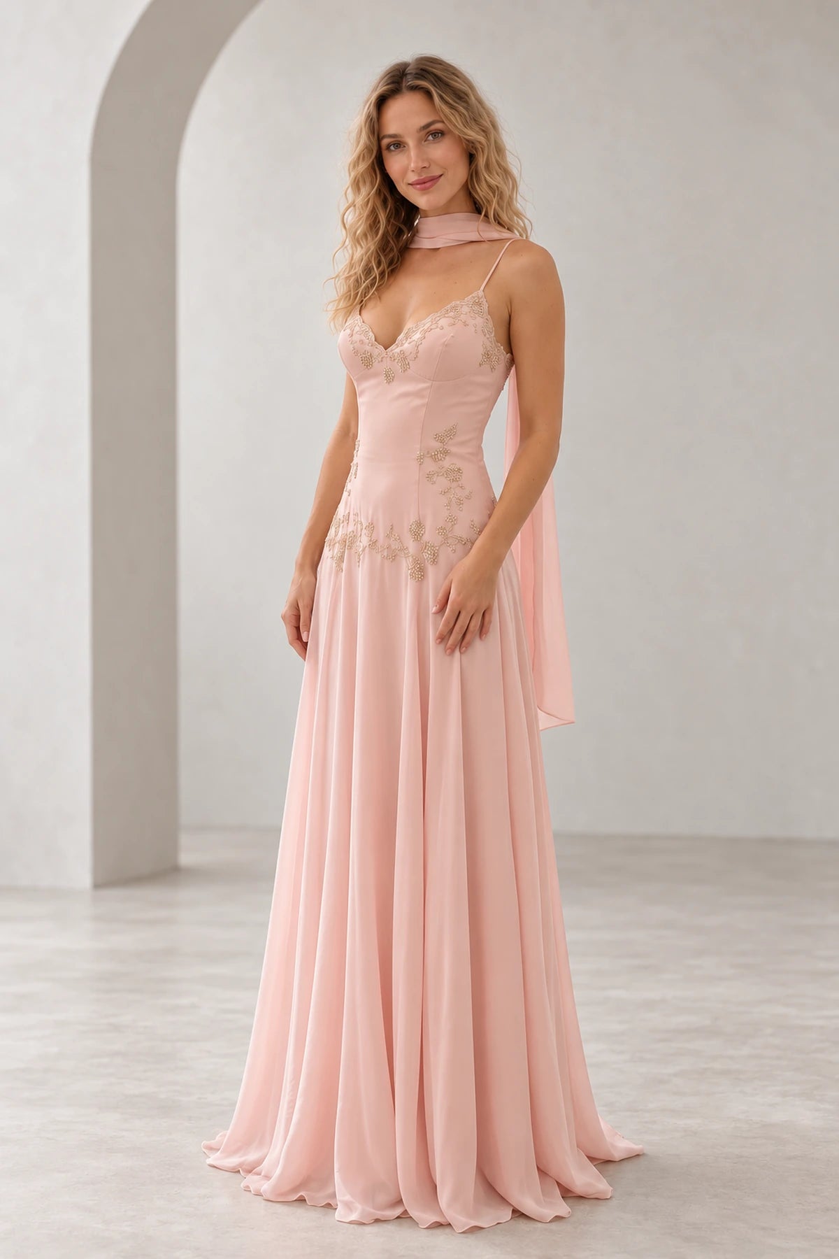 Romantic Beaded Chiffon A-Line V Neck Spaghetti Strap Low Back Floor Length Wedding Guest Dress