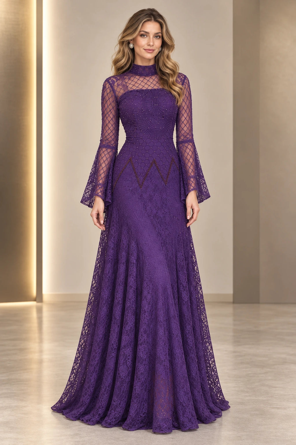 Purple beaded lace mermaid evening dress with a high illusion neckline, sheer long bell sleeves, intricate geometric embroidery, and floor-length flared skirt.