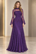 Purple beaded lace mermaid evening dress with a high illusion neckline, sheer long bell sleeves, intricate geometric embroidery, and floor-length flared skirt.