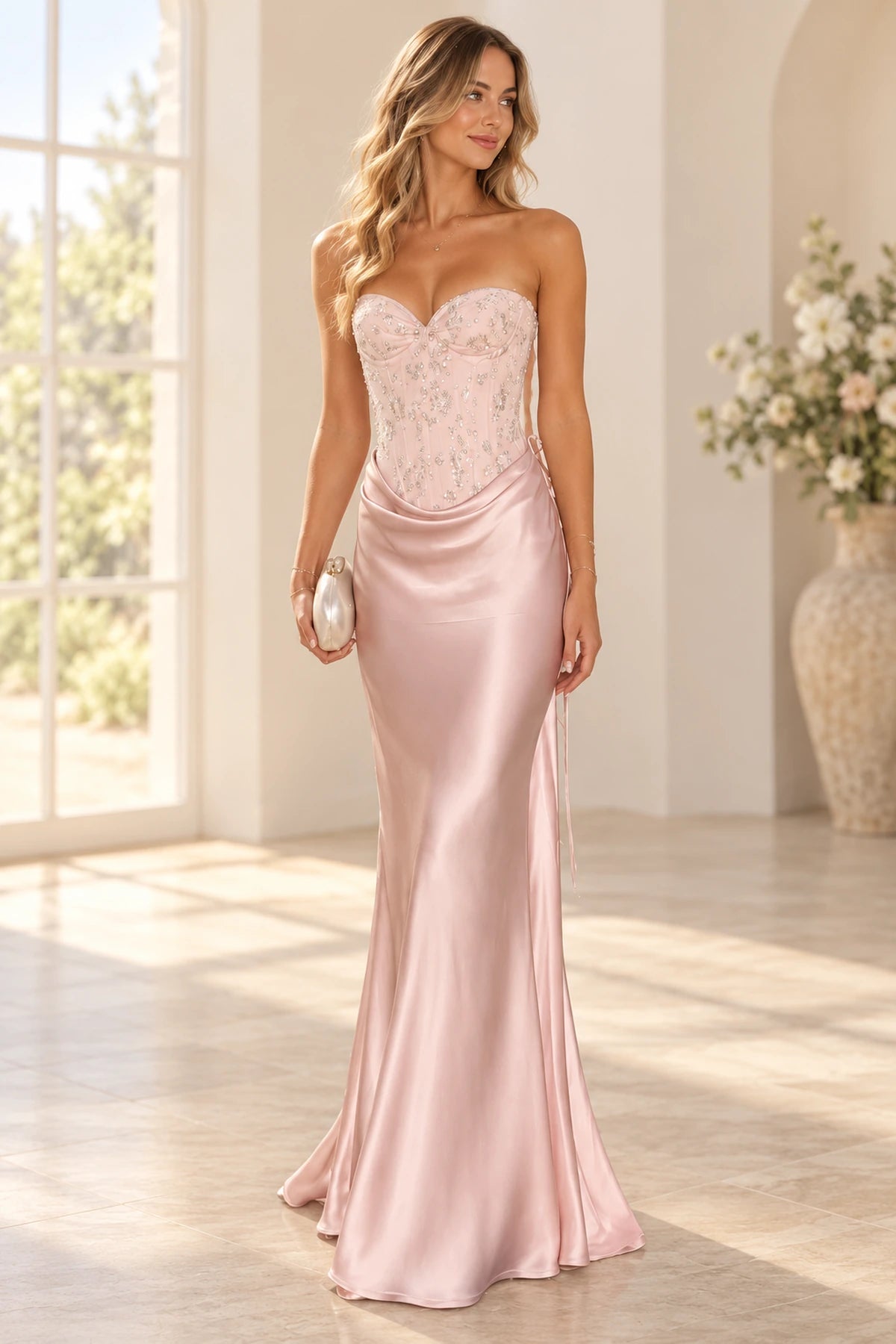 Glamorous Beaded Satin Mermaid Sweetheart Strapless Zipper Back Floor Length Prom Dress