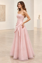 Romantic Beaded Satin Tulle A-Line Strapless V Back Floor Length Prom Dress