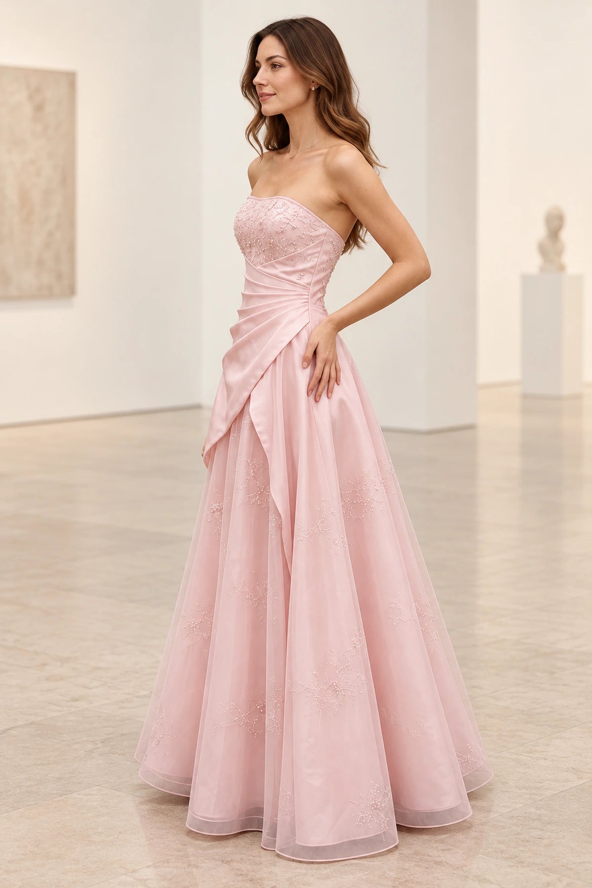 Romantic Beaded Satin Tulle A-Line Strapless V Back Floor Length Prom Dress