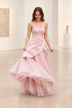 Romantic Beaded Satin Tulle A-Line Strapless V Back Floor Length Prom Dress