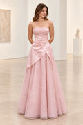 Blush pink satin and tulle A-line prom dress with strapless neckline, floral beaded bodice, asymmetrical draped waist and floor length skirt by Graceprom