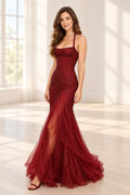 Graceprom burgundy beaded tulle prom dress with a draped halter neckline, fitted mermaid silhouette and cascading layers framing a front leg opening.