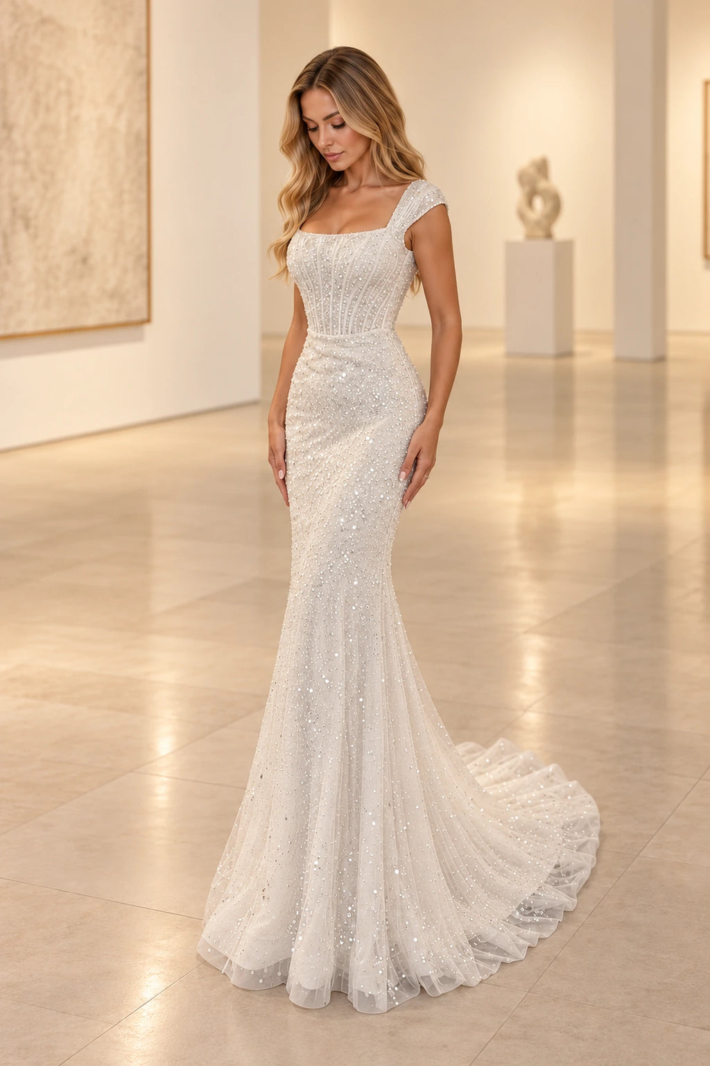 Luxurious Beaded Tulle Mermaid Square Neck Sleeveless Sweep Train Wedding Dress