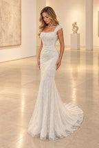 Luxurious Beaded Tulle Mermaid Square Neck Sleeveless Sweep Train Wedding Dress