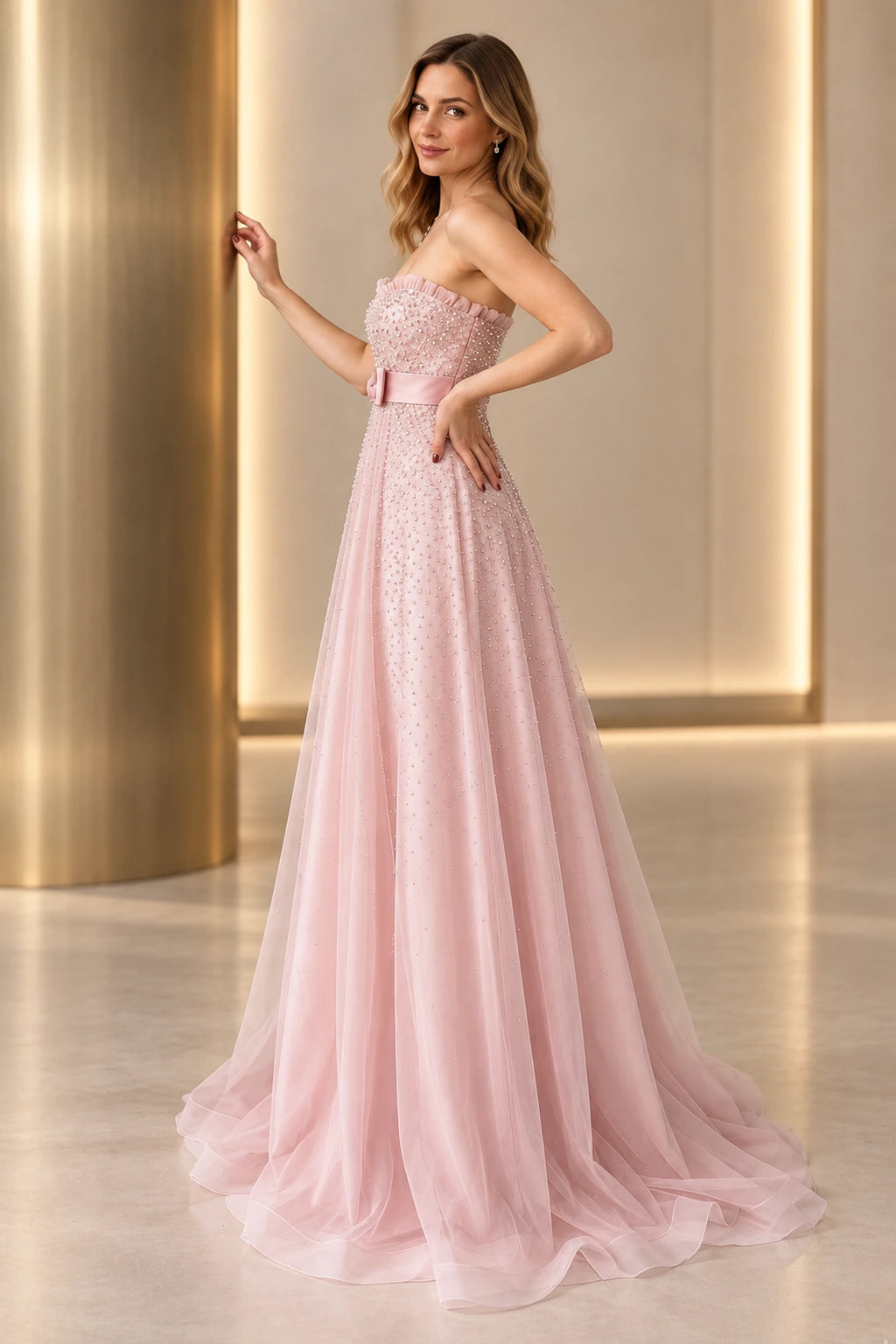 Romantic Beaded Tulle A-Line Sweetheart Strapless Zipper Back Floor Length Prom Dress