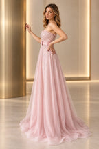Romantic Beaded Tulle A-Line Sweetheart Strapless Zipper Back Floor Length Prom Dress