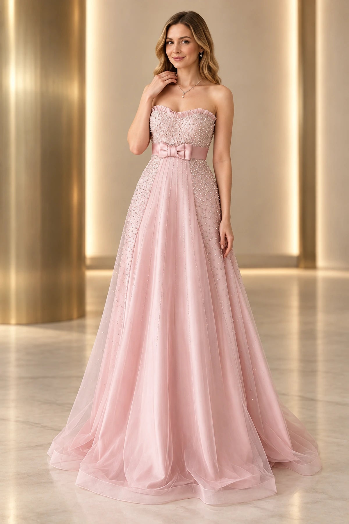 Romantic Beaded Tulle A-Line Sweetheart Strapless Zipper Back Floor Length Prom Dress