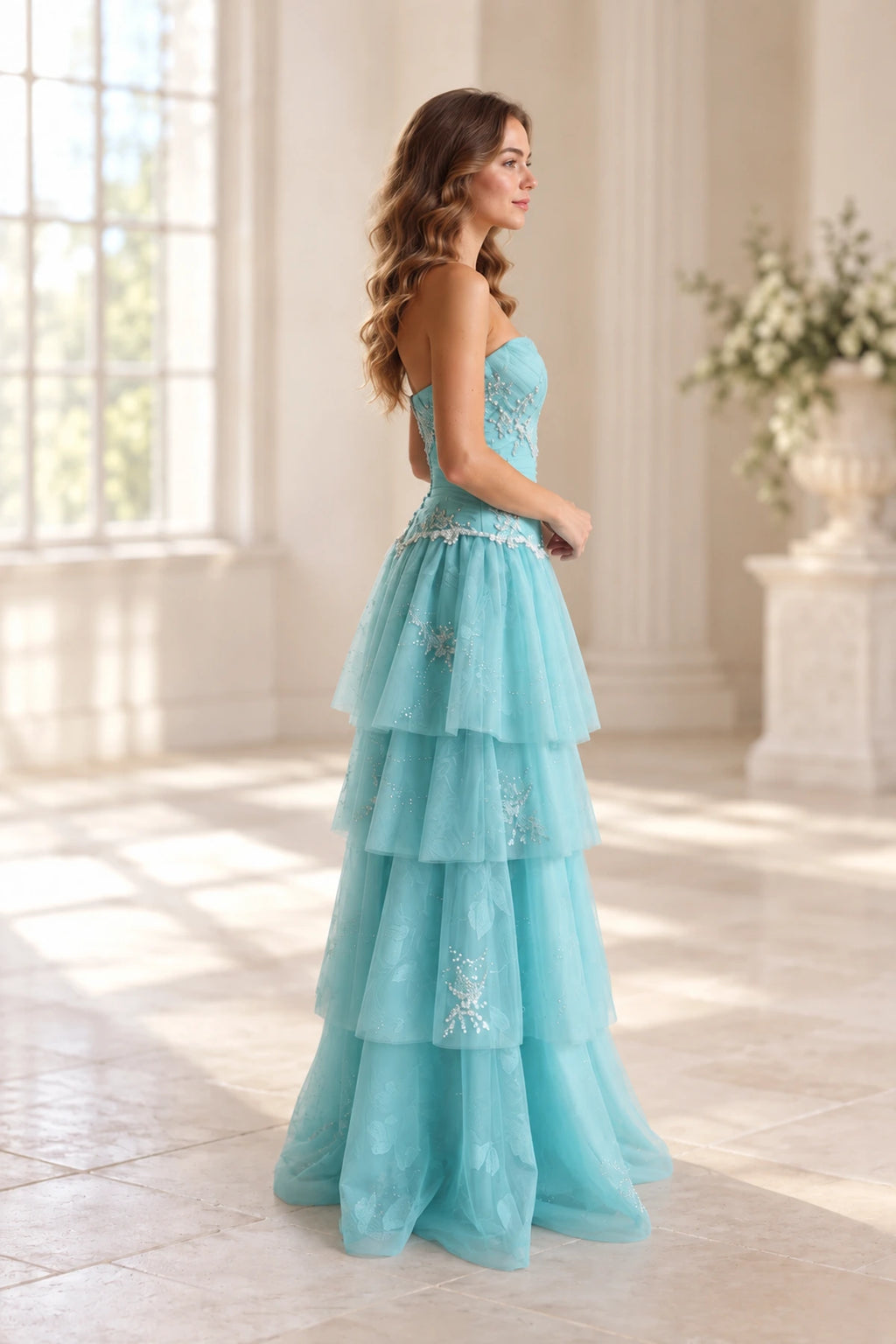 Dreamy Beaded Tulle A-Line Sweetheart Strapless Zipper Back Floor Length Prom Dress