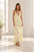 Elegant  Tulle Chiffon Sheath V Neck Spaghetti Strap Open Back Floor Length Prom Dress