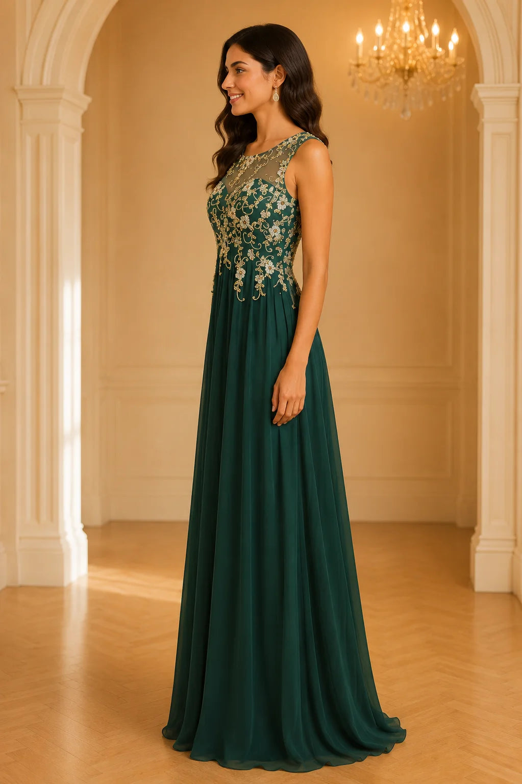 Dark Emerald Green Chiffon Mother of the Bride Dress