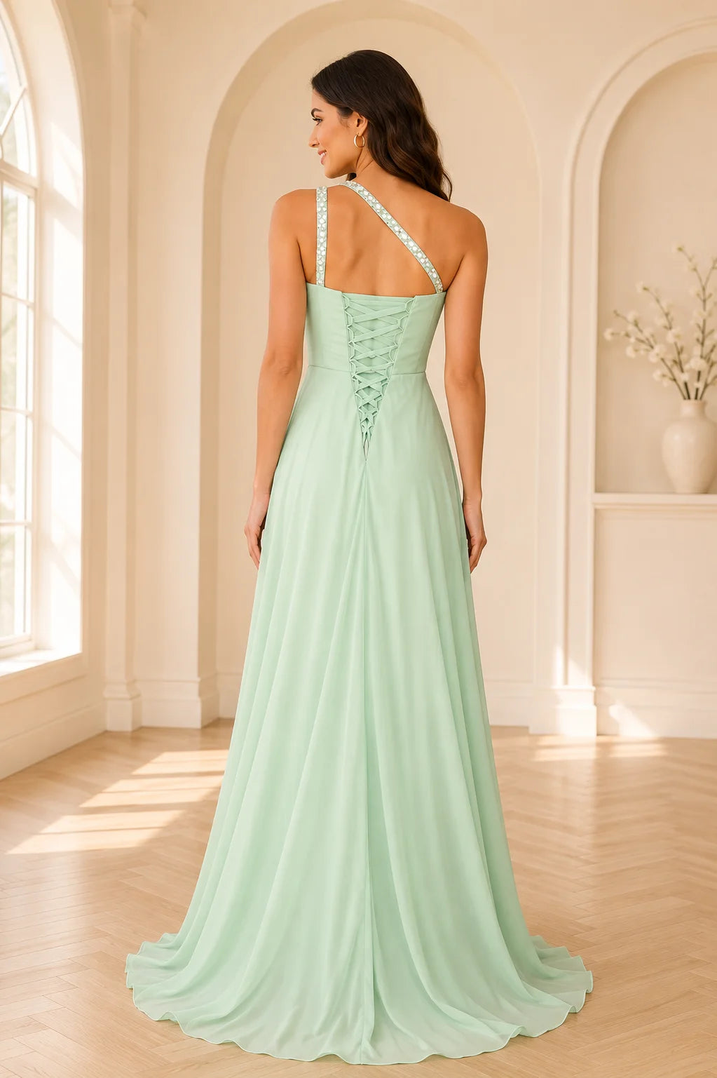 Mint green prom dress with lace up back design and flowing A line silhouette for prom night and wedding events GraceProm