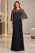 Black mother of the bride dress with illusion neckline beaded cape sleeves and long sheath skirt