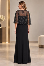 Black mother of the bride dress with beaded illusion cape back keyhole neckline and long skirt