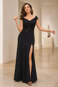 Black sheath V-neck off-shoulder long Mother of the Bride dress with beaded floral bodice, front slit and V-back, front and back view by Vedress