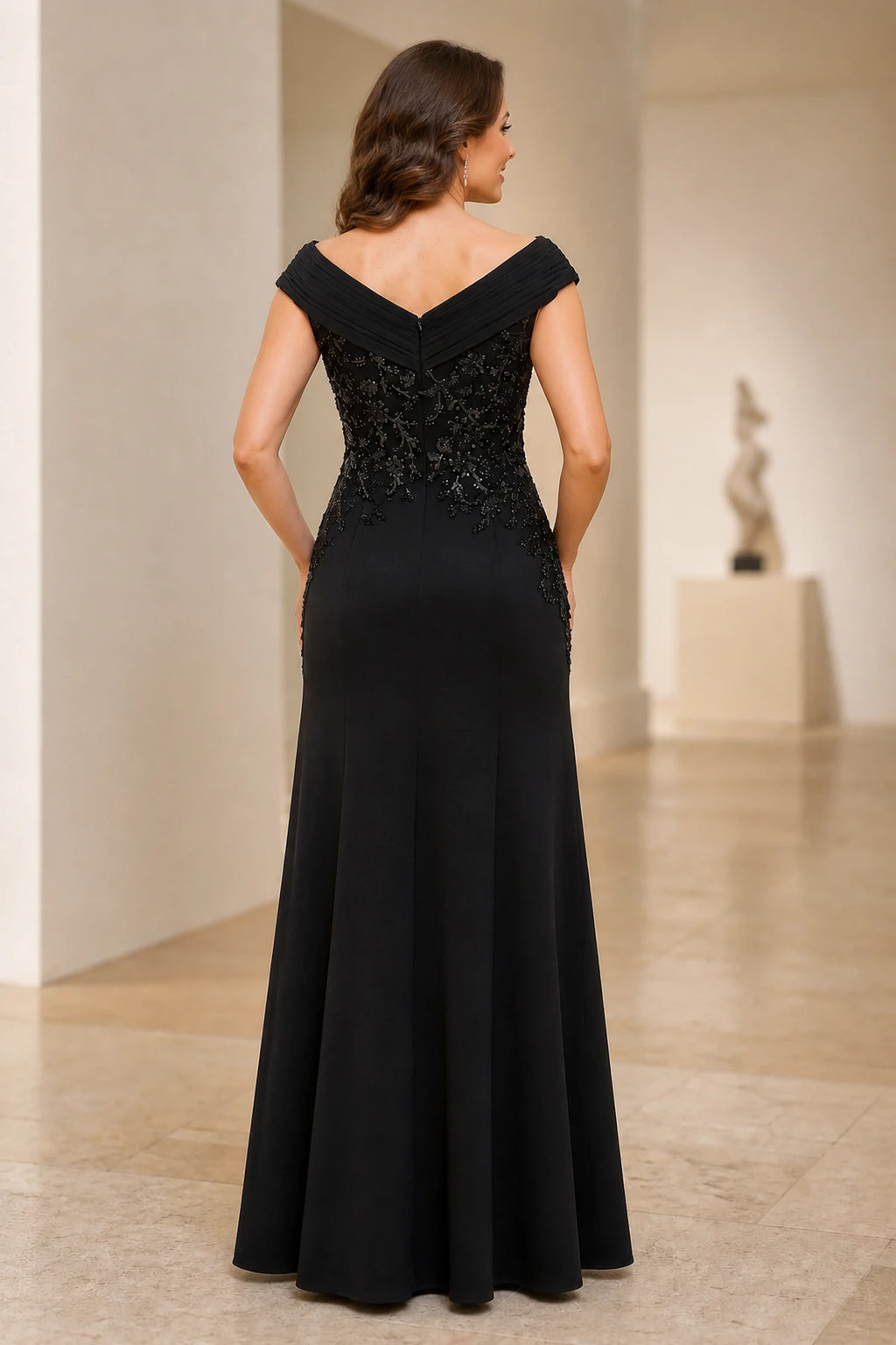 Black sheath V-neck off-shoulder long Mother of the Bride dress with beaded floral bodice, front slit and V-back, front and back view by Vedress