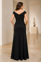 Black sheath V-neck off-shoulder long Mother of the Bride dress with beaded floral bodice, front slit and V-back, front and back view by Vedress