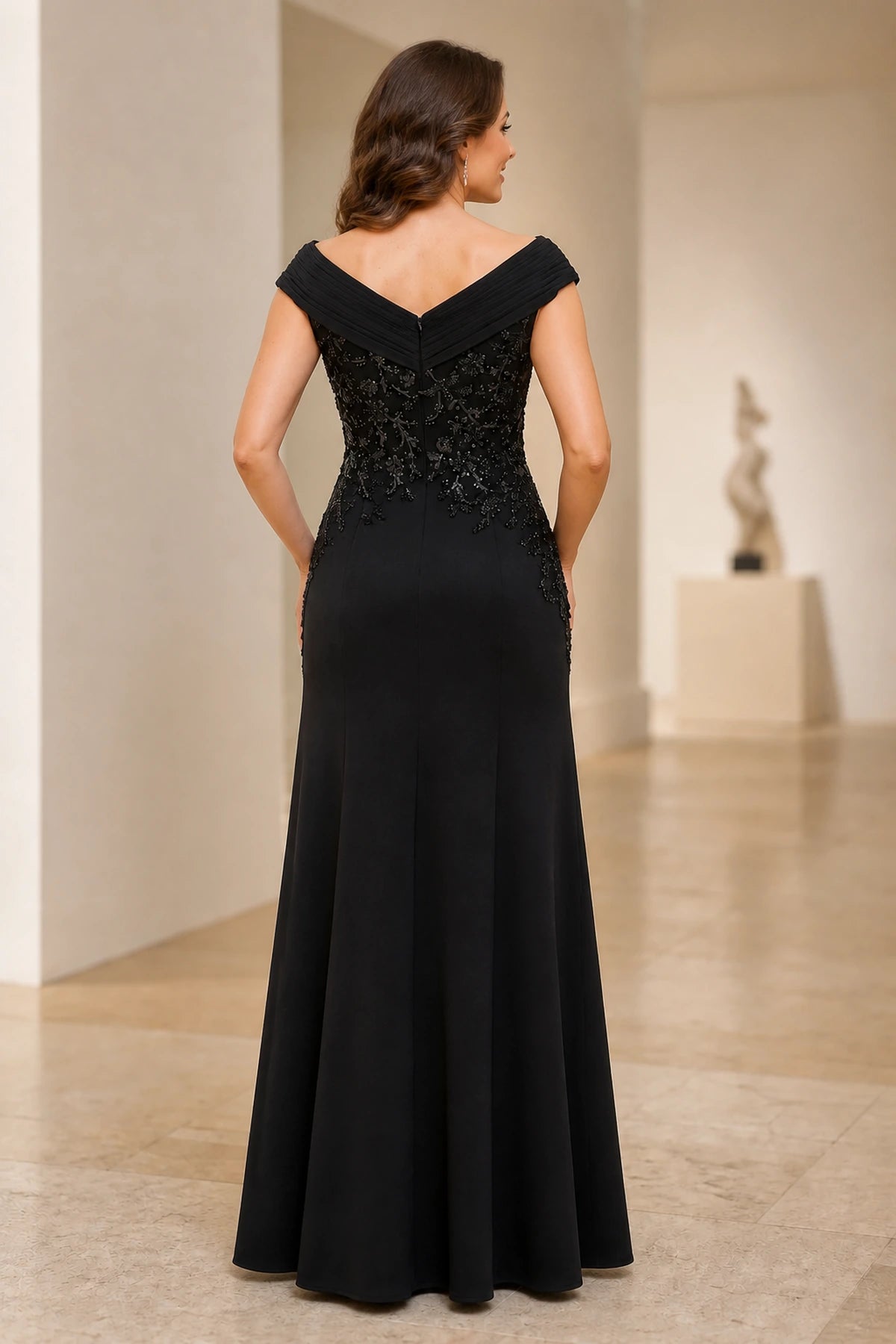 Black sheath V-neck off-shoulder long Mother of the Bride dress with beaded floral bodice, front slit and V-back, front and back view by Vedress