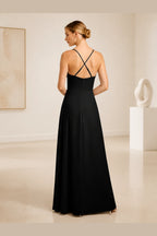 Black A-line sweetheart spaghetti strap long bridesmaid dress with front slit and cross-back straps, front and back view by Vedress