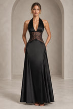 Black halter lace waist floor length wedding guest dress front view