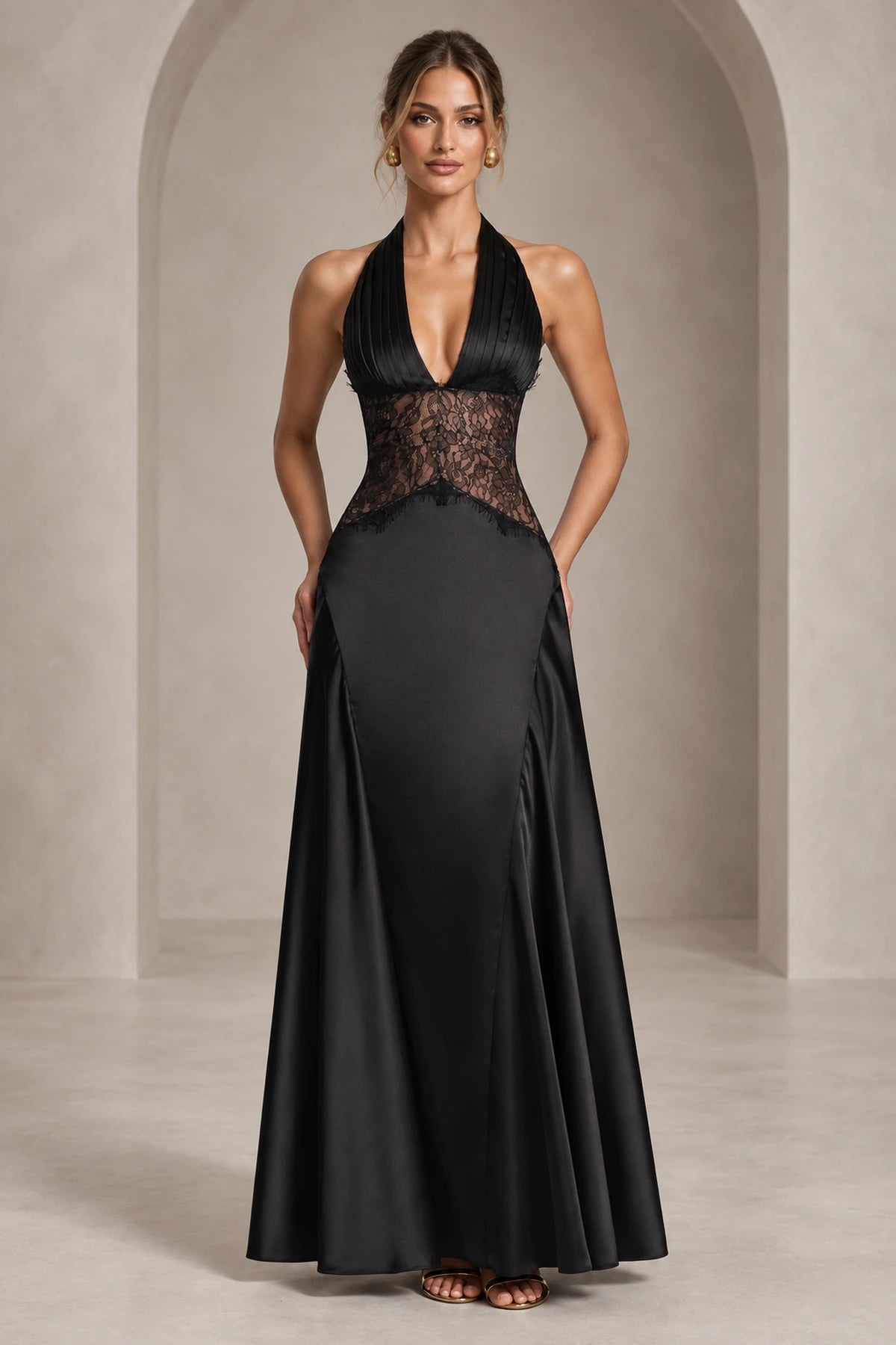 Black halter lace waist floor length wedding guest dress front view