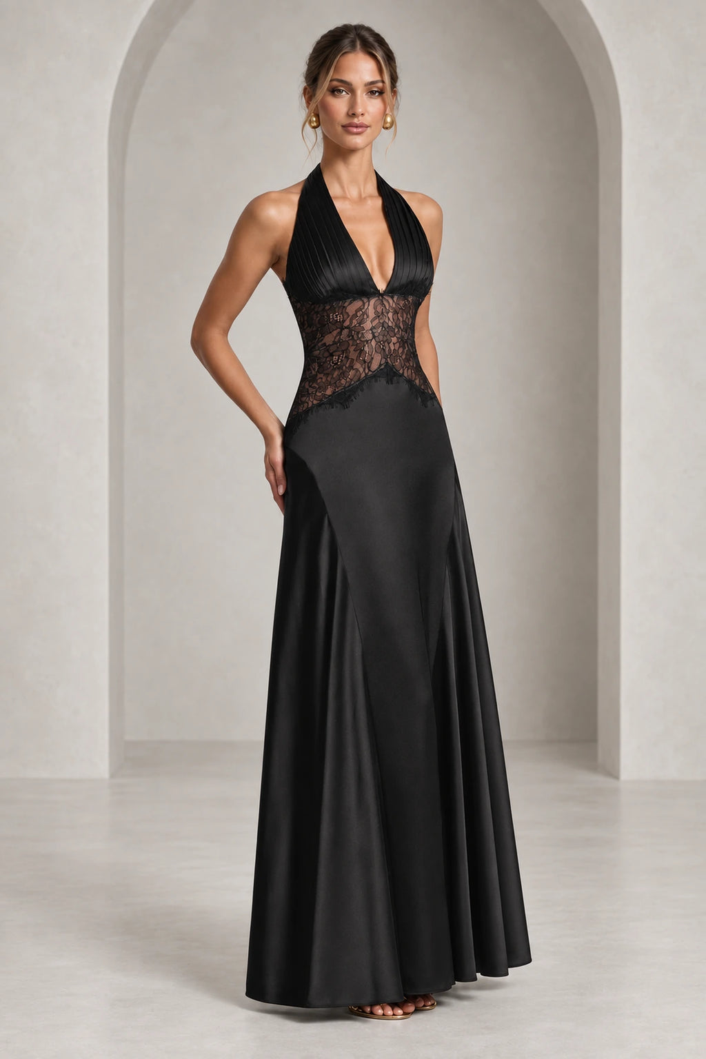 Elegant Halter Lace Waist Open Back Floor Length Wedding Guest Dress