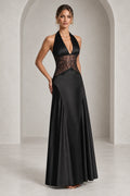 Elegant Halter Lace Waist Open Back Floor Length Wedding Guest Dress