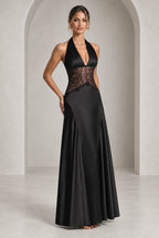 Elegant Halter Lace Waist Open Back Floor Length Wedding Guest Dress