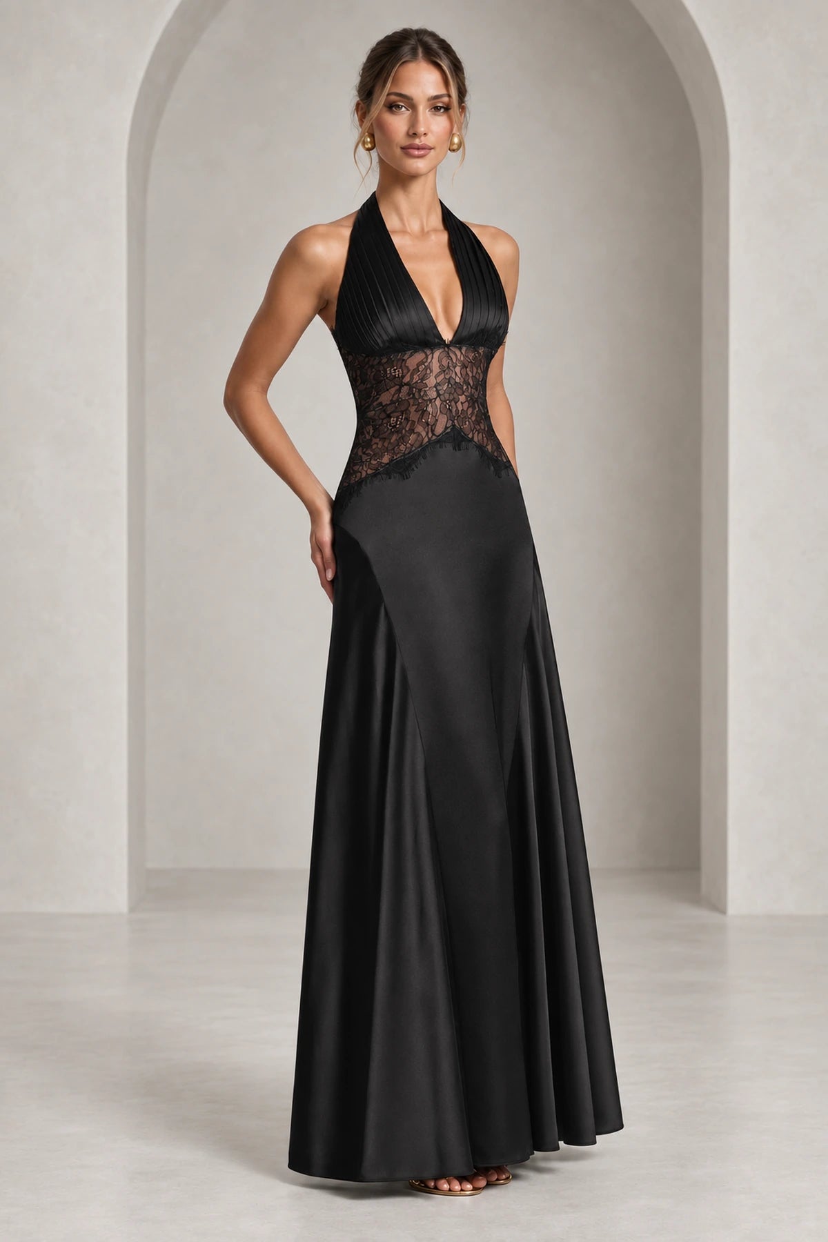 Elegant Halter Lace Waist Open Back Floor Length Wedding Guest Dress