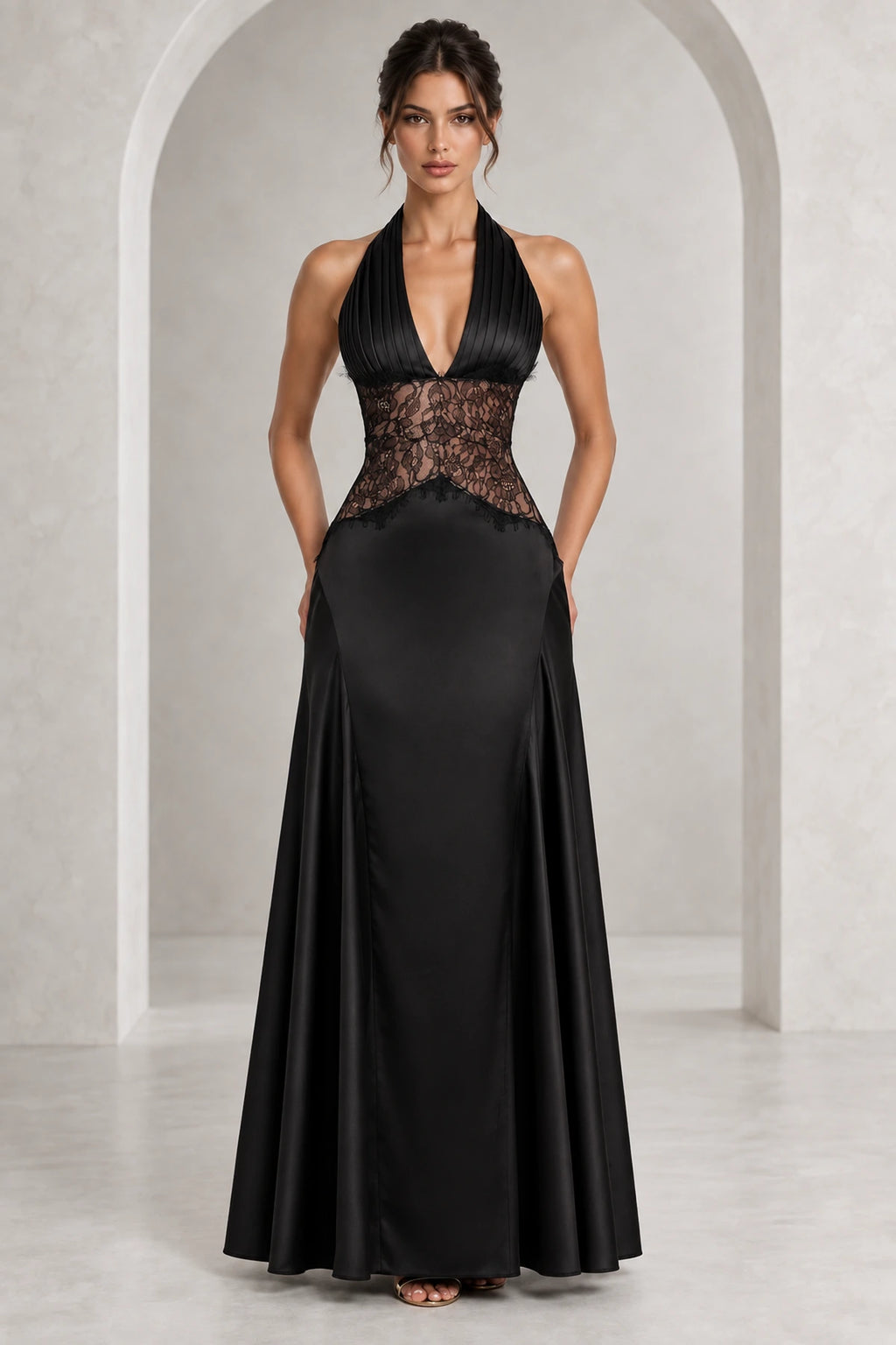 Elegant Halter Lace Waist Open Back Floor Length Wedding Guest Dress