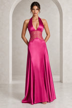 Elegant Halter Lace Waist Open Back Floor Length Wedding Guest Dress