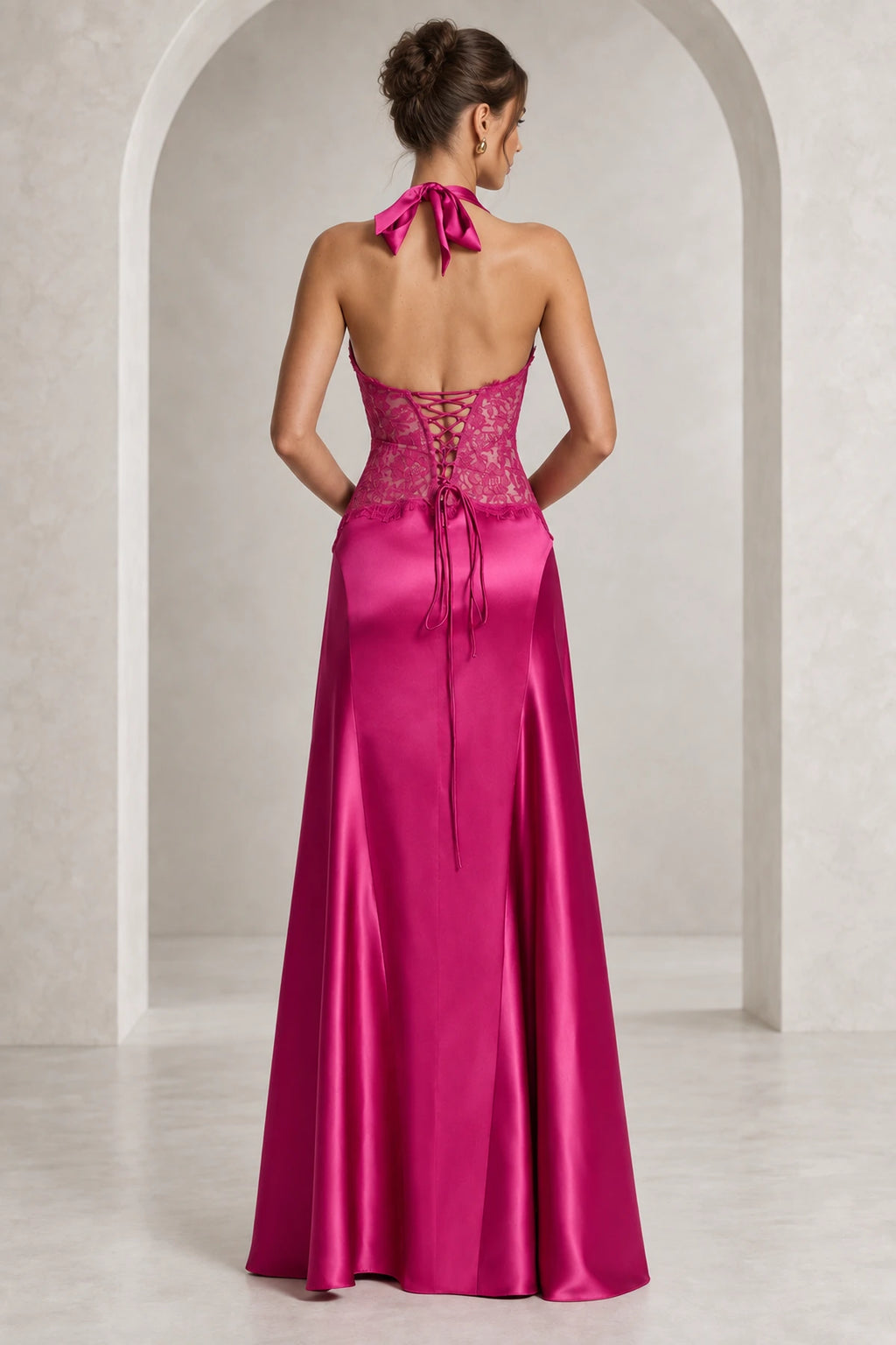 Elegant Halter Lace Waist Open Back Floor Length Wedding Guest Dress