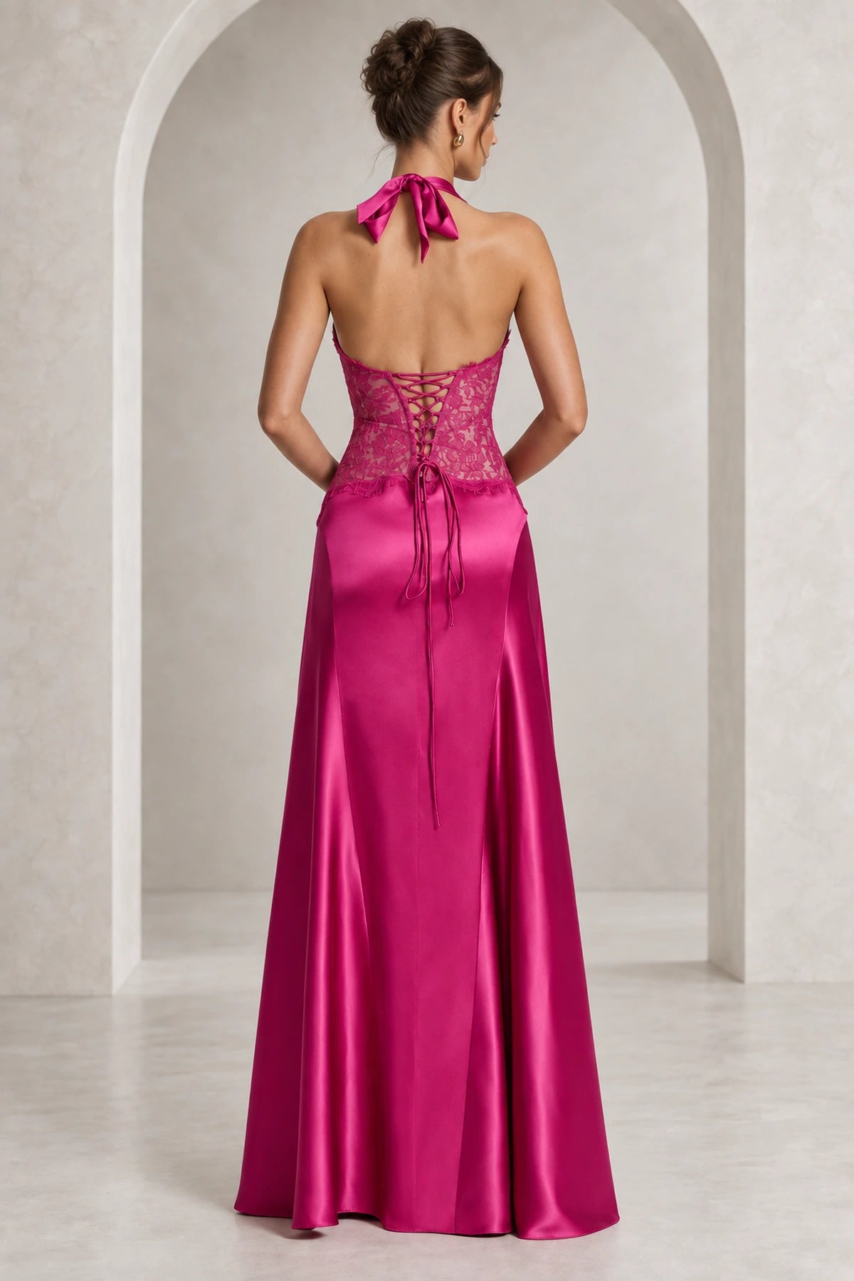 Elegant Halter Lace Waist Open Back Floor Length Wedding Guest Dress