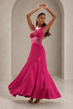 Elegant Halter Lace Waist Open Back Floor Length Wedding Guest Dress
