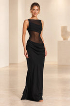 Elegant Black Sheath Boat Neck Sleeveless Illusion Back Long Wedding Guest Dress