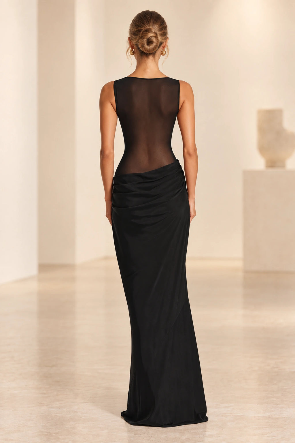 Graceprom black sheer back elegant formal evening dress back view