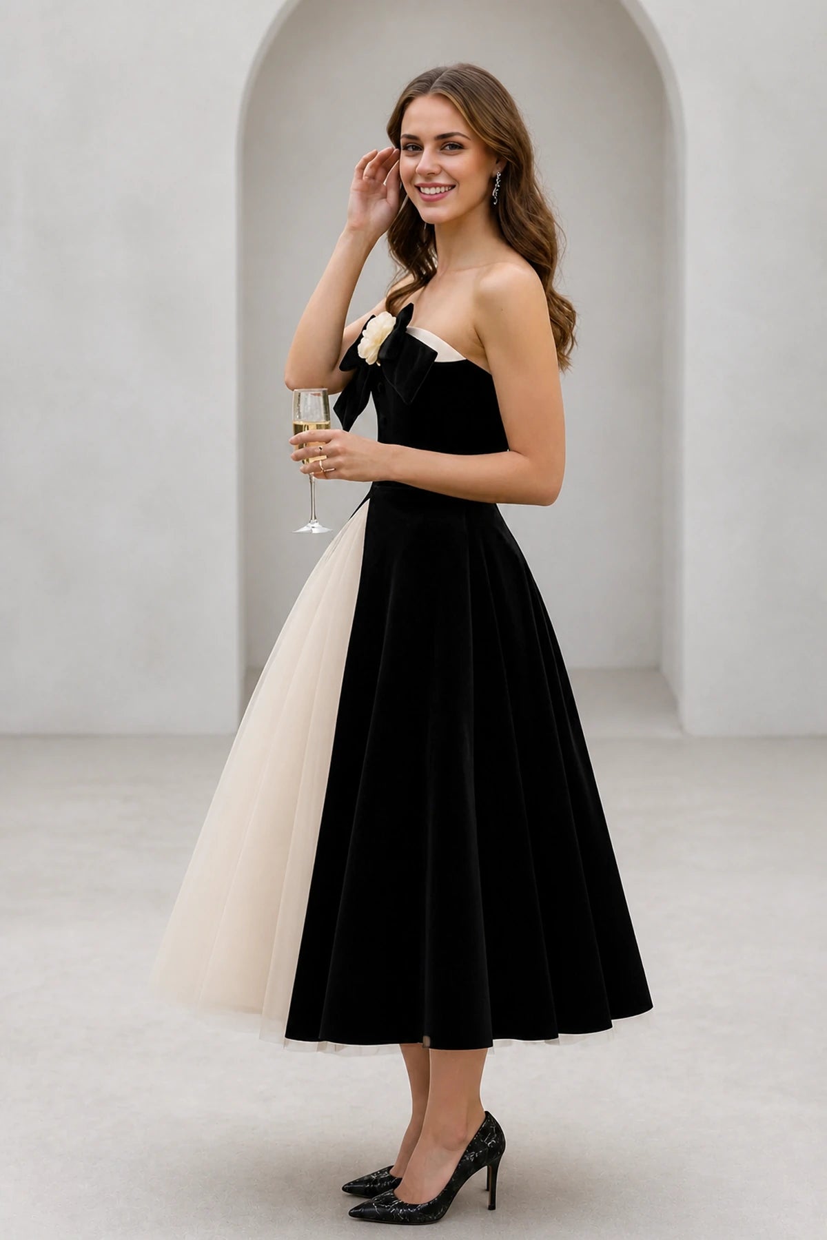 Chic A-Line Strapless Sleeveless Zipper Back Tea Length Wedding Guest Dress