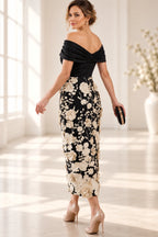 Black and ivory floral Mother of the Bride Dress with draped off-the-shoulder back and fitted silhouette