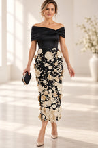 Black off-the-shoulder Mother of the Bride Dress with ivory floral appliqué tea-length skirt