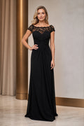 Black lace cap sleeve mother of the bride dress with ruched bodice front view