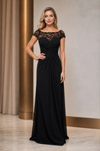 Black lace cap sleeve mother of the bride dress with ruched bodice front view