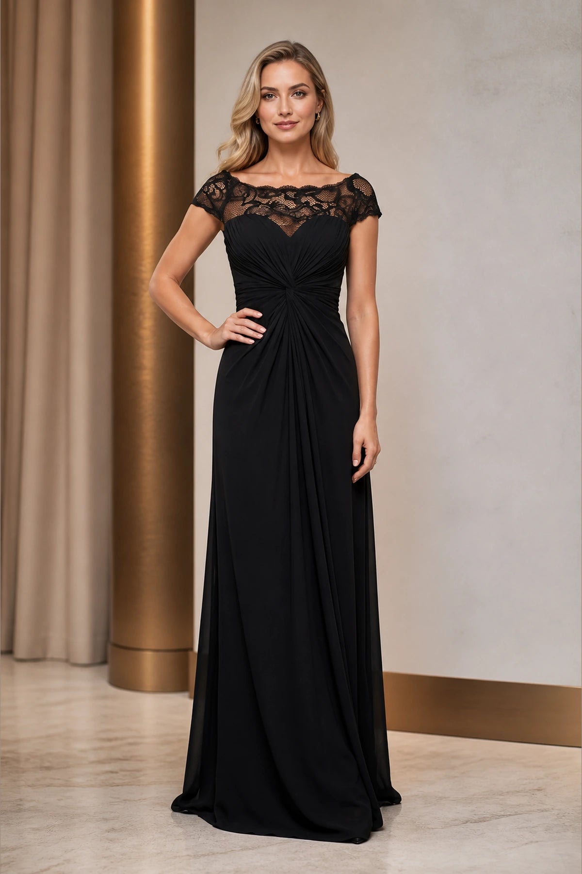 Black lace cap sleeve mother of the bride dress with ruched bodice front view
