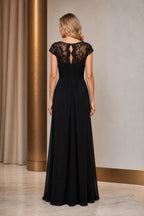 Black lace keyhole back mother of the bride dress with cap sleeves back view